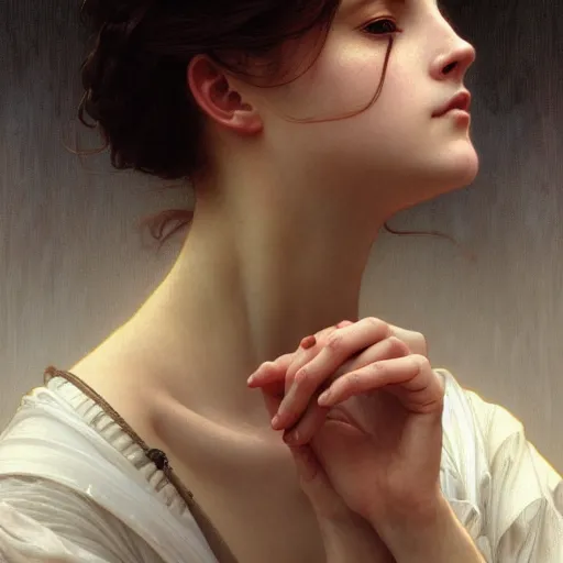 Image similar to a portrait of anguish, intricate, elegant, highly detailed, digital painting, smooth, sharp focus, illustration, art by artgerm and greg rutkowski and alphonse mucha and william - adolphe bouguereau