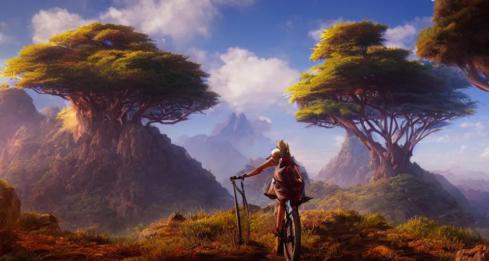 Prompt: An epic fantasy anime style landscape painting of an African mountain range, with a kenyan Mountainbiker and a blue umbrella, unreal 5, DAZ, hyperrealistic, octane render, dynamic lighting