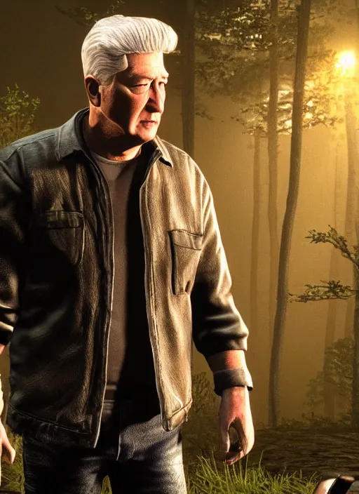 Image similar to screenshot of David Lynch in Friday the 13th The Game PS5, hi-res, 4k, ps5
