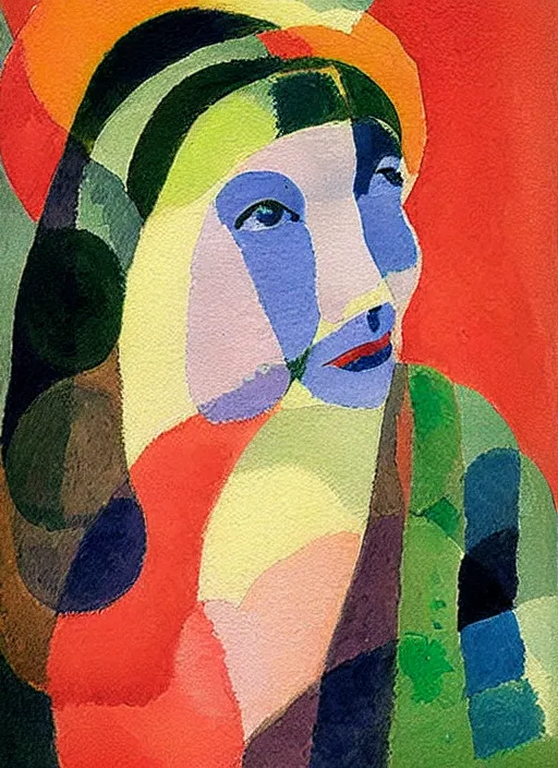 Image similar to an extreme close - up portrait of a lady enshrouded in an impressionist representation of mother nature and the meaning of life by sonia delaunay and william holman hung, thick watercolor brush strokes, portrait painting by daniel garber, vintage postcard illustration