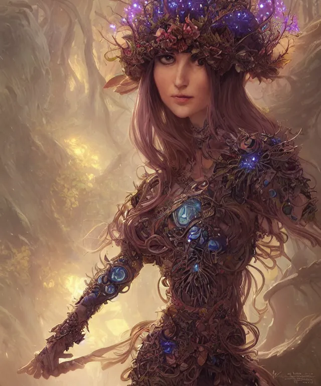 Image similar to a woman spore druid with fractal themed clothing, fully clothed, pet animal, D&D, fantasy, intricate, cinematic lighting, highly detailed, digital painting, artstation, concept art, smooth, sharp focus, illustration, art by Artgerm and Greg Rutkowski and Alphonse Mucha