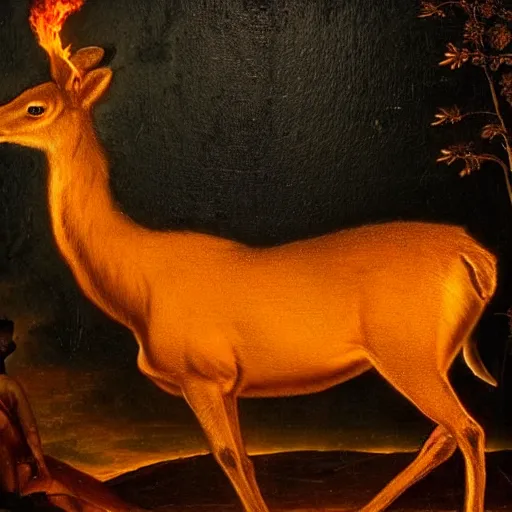 Image similar to a flaming deer portrait in the style of renaissance painting