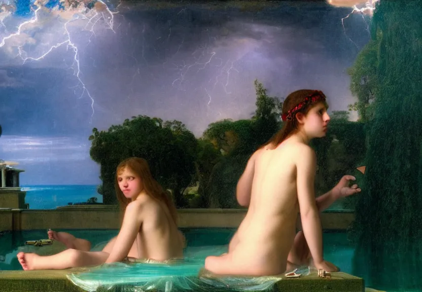 Image similar to Girl at the palace, refracted sparkles, thunderstorm, greek pool, beach and Tropical vegetation on the background major arcana sky, by paul delaroche, hyperrealistic 4k uhd, award-winning, very very very detailed