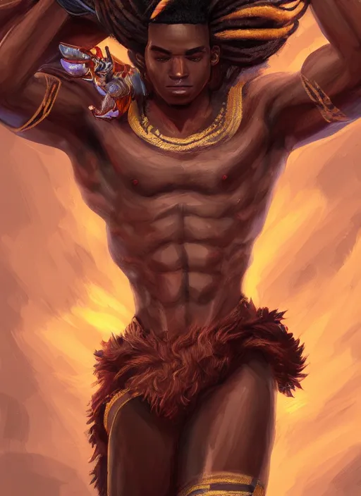 Image similar to a highly detailed illustration of attractive young african fire god with flat top hair, wearing track and field suit, heroic jumping pose, intricate, elegant, highly detailed, centered, digital painting, artstation, concept art, smooth, sharp focus, league of legends concept art, wlop