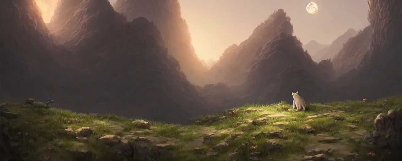 Prompt: cat on the moon, ghibli landscape illustration close floral clearing and mountains in the background, deep focus, d & d, fantasy, intricate, elegant, highly detailed, digital painting, artstation, concept art, matte, sharp focus, illustration, hearthstone, art by fire watch game and greg rutkowski, no characters