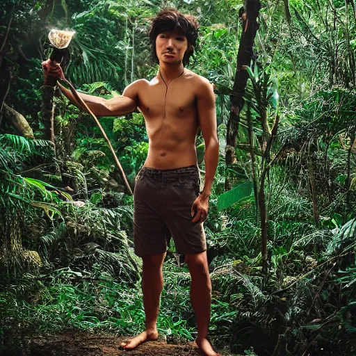 Image similar to head to toe photo, jungle book mowgli who is a 2 0 year old korean with large muscles and with long unkempt and slightly curly hair, holding a torch in one hand and an iphone in the other hand, standing in the jungles of jeju island