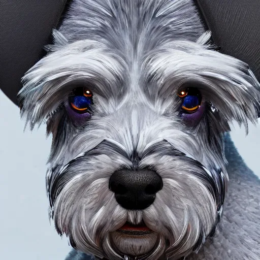 Prompt: highly detailed close up portrait of miniature schnauzer, god of winter, digital art, concept art, character art, studio lightning, bright colors, intricate, masterpiece, photorealistic, hiperrealistic, sharp focus, high contrast, Artstation HQ, DeviantArt trending, 4k UHD, Unreal Engine 5