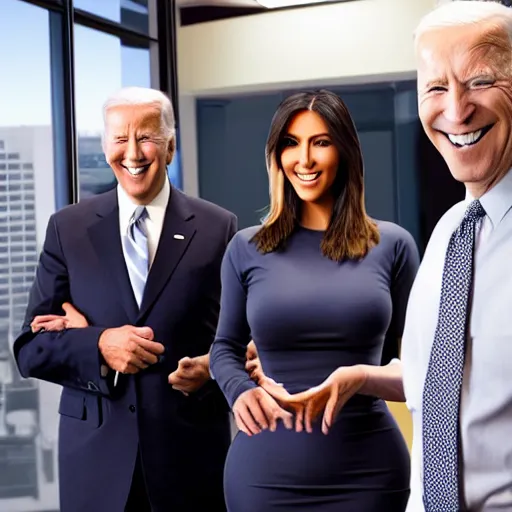 Image similar to stock photo of kim kardashian, joe biden, and bill gates wearing suits and ties laughing in an office building, 8k resolution, full HD, cinematic lighting, award winning, anatomically correct