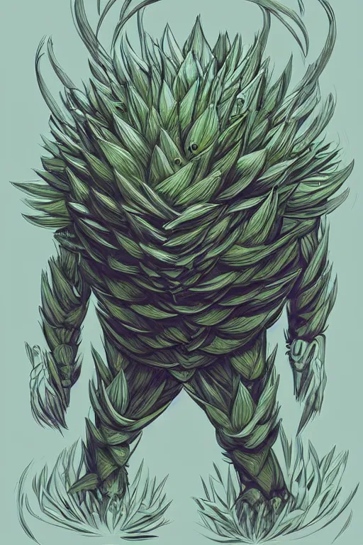 Image similar to a humanoid artichoke monster with large orb eyes, highly detailed, digital art, sharp focus, trending on art station, plant, anime art style