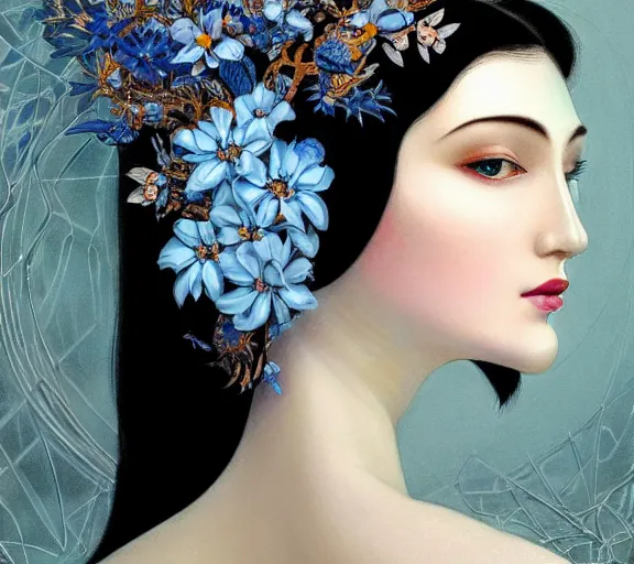 Image similar to breathtaking detailed concept art painting art deco pattern a beautiful black haired woman with pale skin and a crown on her head sitted on an intricate metal throne amalmation light - blue flowers with anxious piercing eyes and blend of flowers and birds, by hsiao - ron cheng and john james audubon, bizarre compositions, exquisite detail, extremely moody lighting, 8 k h 1 0 2 4