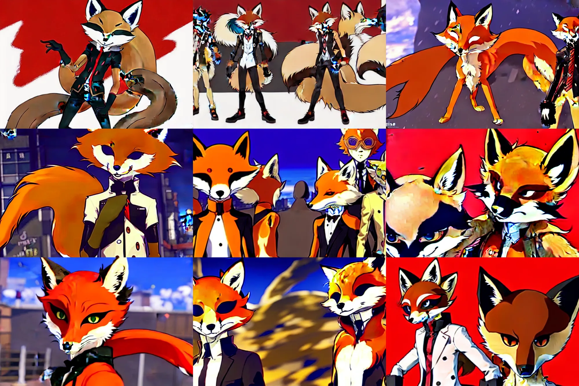 Image similar to a furry tan male fox on a persona 5 : royal ( by atlus ) video game splash screen, a furry male sandy sand - colored beige tan fur fox fursona ( has light brown hair ), persona 5 phantom thief style