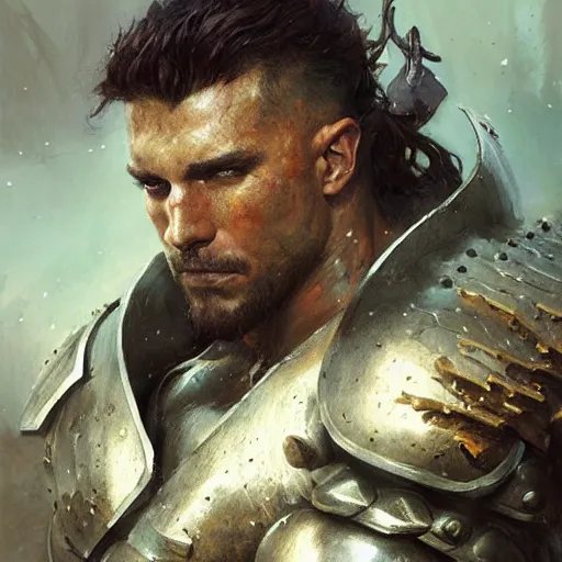 Image similar to a fierce and muscular male warrior in full armor, handsome, fantasy character portrait by greg rutkowski, gaston bussiere, craig mullins, simon bisley