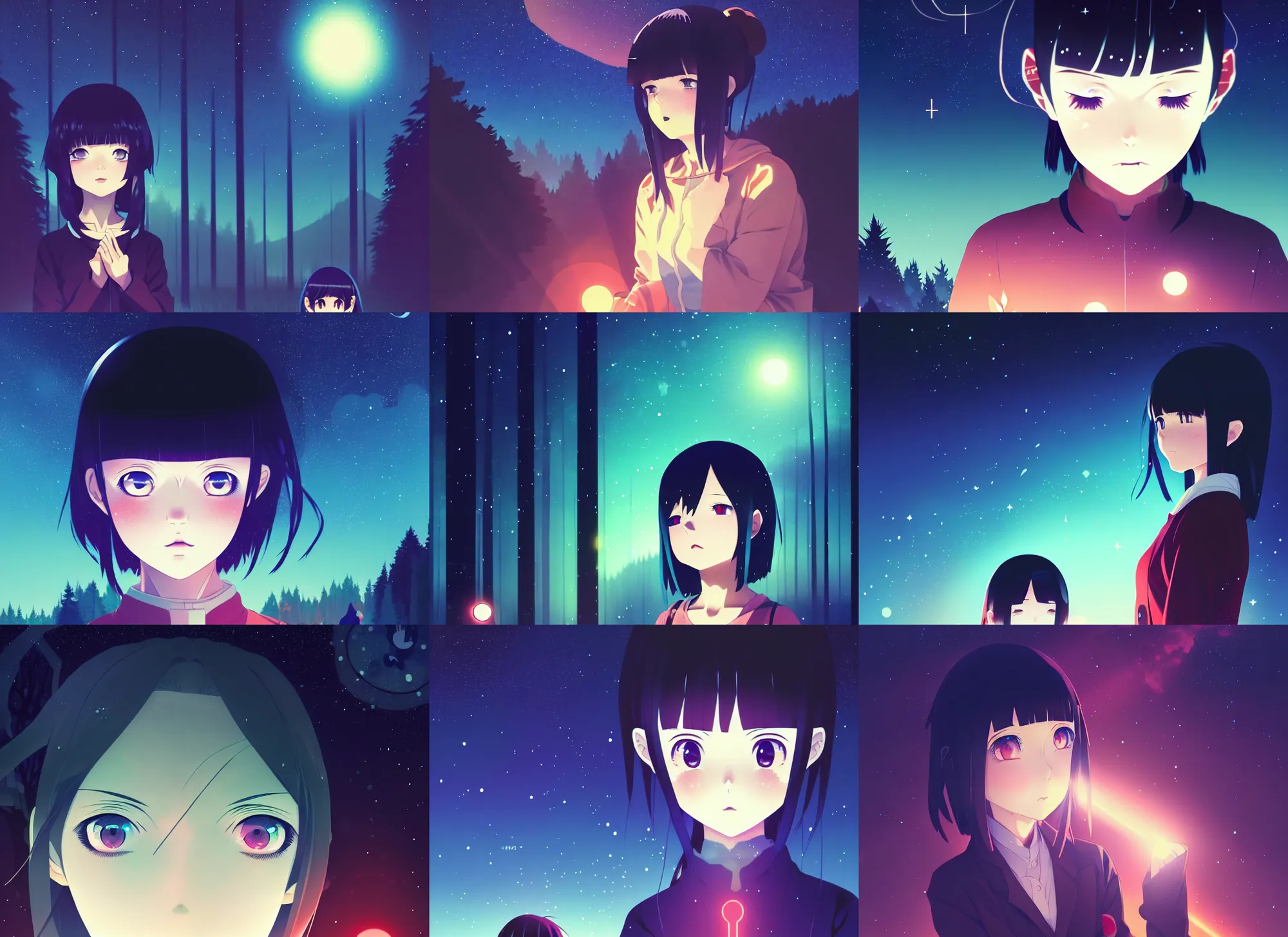 Prompt: flat, anime key visual, young woman traveling in a forest at night, night sky, nebula, very dark, cute face by ilya kuvshinov, yoh yoshinari, dynamic pose, dynamic perspective, rounded eyes, ghost in the shell, kyoani, smooth facial features, dramatic lighting,