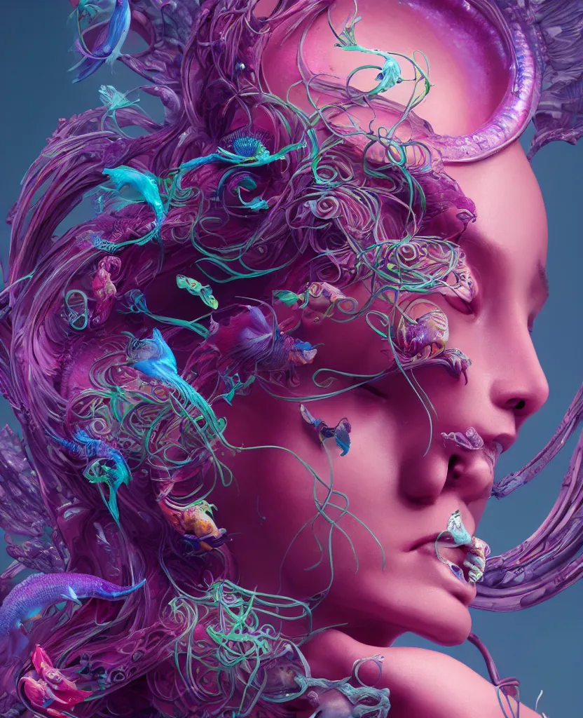 Image similar to goddess full color painted acryllic sculpture close-up portrait. orchid bird phoenix head, nautilus, skull, betta fish, bioluminiscent creatures, intricate artwork by Tooth Wu and wlop and beeple. octane render, trending on artstation, greg rutkowski very coherent symmetrical artwork. cinematic, hyper realism, high detail, octane render, 8k