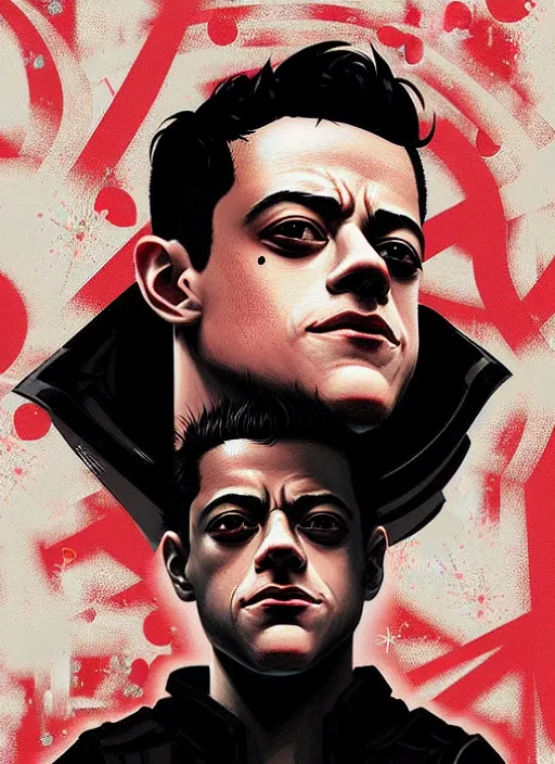 Prompt: highly detailed closeup portrait of a sullen rami malek, elliot alderson, black hoody by atey ghailan, by greg rutkowski, by greg tocchini, by james gilleard, by joe fenton, by kaethe butcher, gradient red, black and white color scheme, grunge aesthetic!!! ( ( graffiti tag wall background ) )