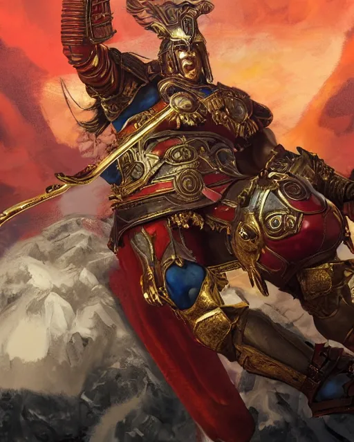 Image similar to Ares the Greek god of war riding a red Harley Davidson on Mount Olympus, wearing a golden helmet ,D&D, fantasy, cinematic lighting, centered, symmetrical, highly detailed, digital painting, artstation, concept art, smooth, sharp focus, illustration, volumetric lighting, epic Composition, 8k, art by Akihiko Yoshida and Greg Rutkowski and Craig Mullins, oil painting, cgsociety