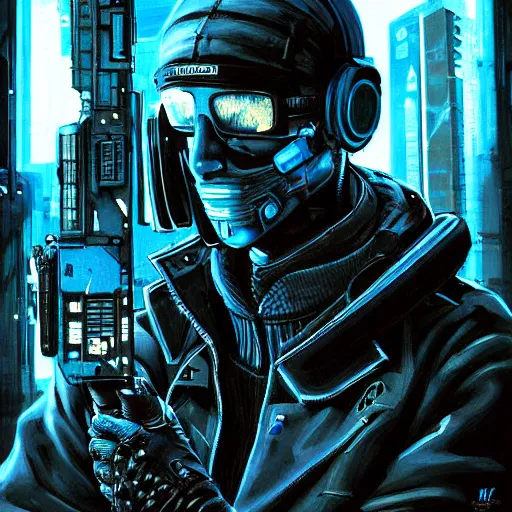 Prompt: cyberpunk hunter, atmospheric lighting, painted, intricate, blue and grey hour, ultra detailed by simon bisley