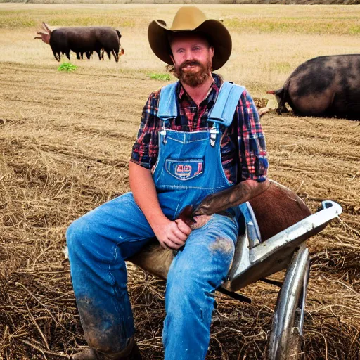 Image similar to a goofy looking redneck man, wearing overalls sitting on a haybail during a hayride holding a wrench, he is dirty and covered in grease, there are a lot of pigs in the background graising.