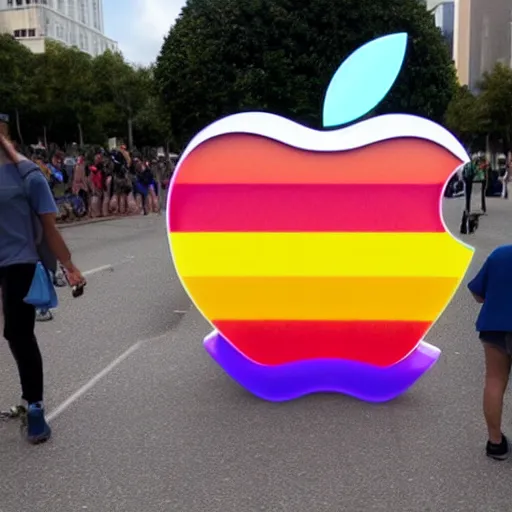 Image similar to rainbow apple logo monolith surrounded by a mob of torch lit protestors