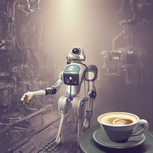 Image similar to hyperdetailed illustration of a friendly empatic highly robot serving a cup of coffee, by simon stalenhaag, by m. w. kaluta, high depth of field, fresh colors, coffee beans, coffee, steam, hyperdetailed, hyperrealistic, moody light, 3 d octane render, 4 k, volumetric lights, smooth, cosy atmosphere, artstation!