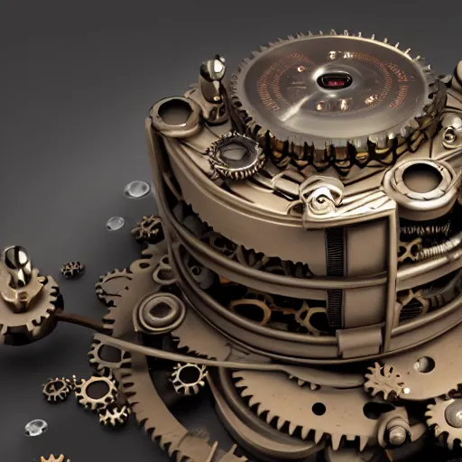 Image similar to octane render of a mechanical wind-up steampunk cd player with gears