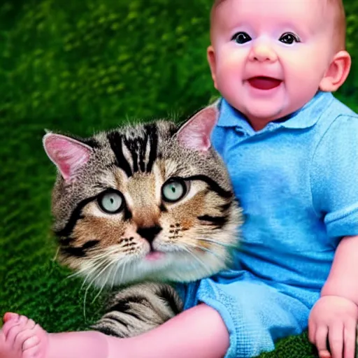 Image similar to a baby sitting on a giant cat