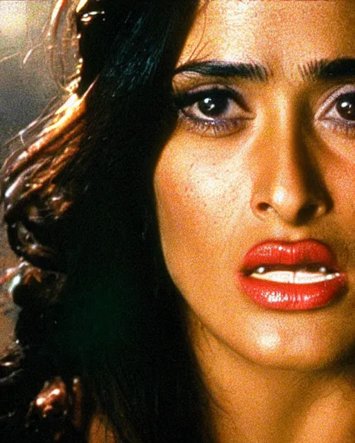 Image similar to film still of closeup portrait of young beautiful salma hayek in from dusk till dawn 1 9 9 6, octane, arney freytag, glamour pose,