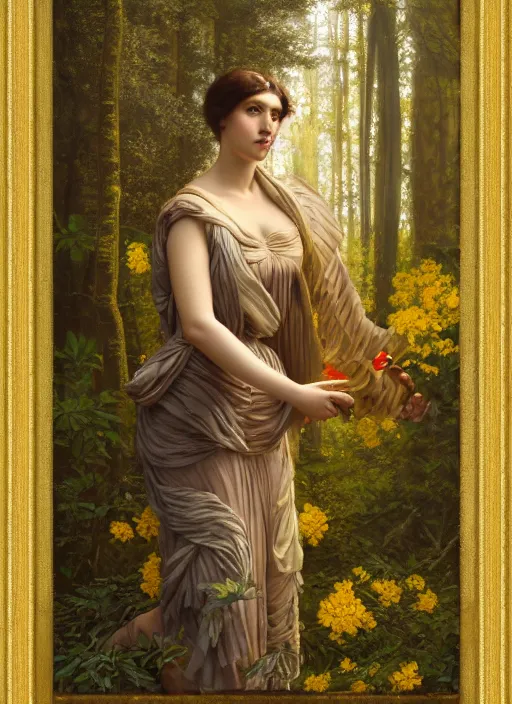 Image similar to intricate oil painting portrait by John William Godward and Anna Dittman depicting a female fantasy cleric in a bright temple surrounded by yellow spring forest and dead trees, evening, atmospheric lighting, intricate detail, cgsociety, hyperrealistic, octane render, RPG portrait, ambient light, dynamic lighting