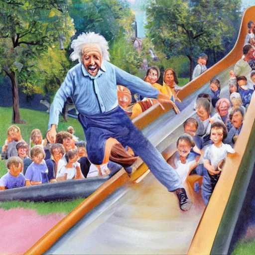 Prompt: painting of albert einstein going down a large slide in a public park with many children, by caspar david