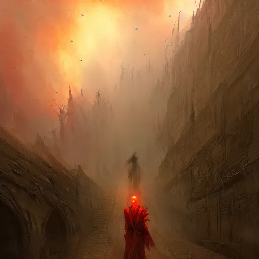 Prompt: Gods walking through hell, fantasy, by Marc Simonetti