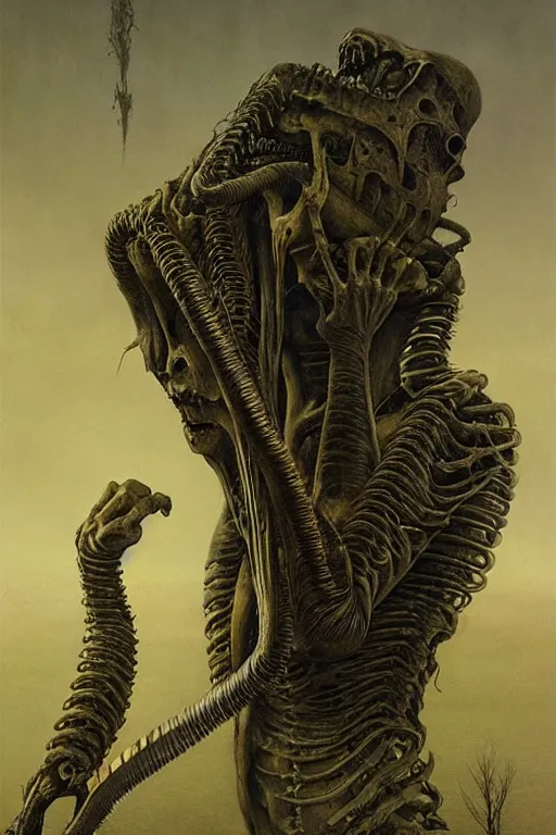 Image similar to eaten by giger, zdzisław beksinski, greg rutkowski, maxim verehin