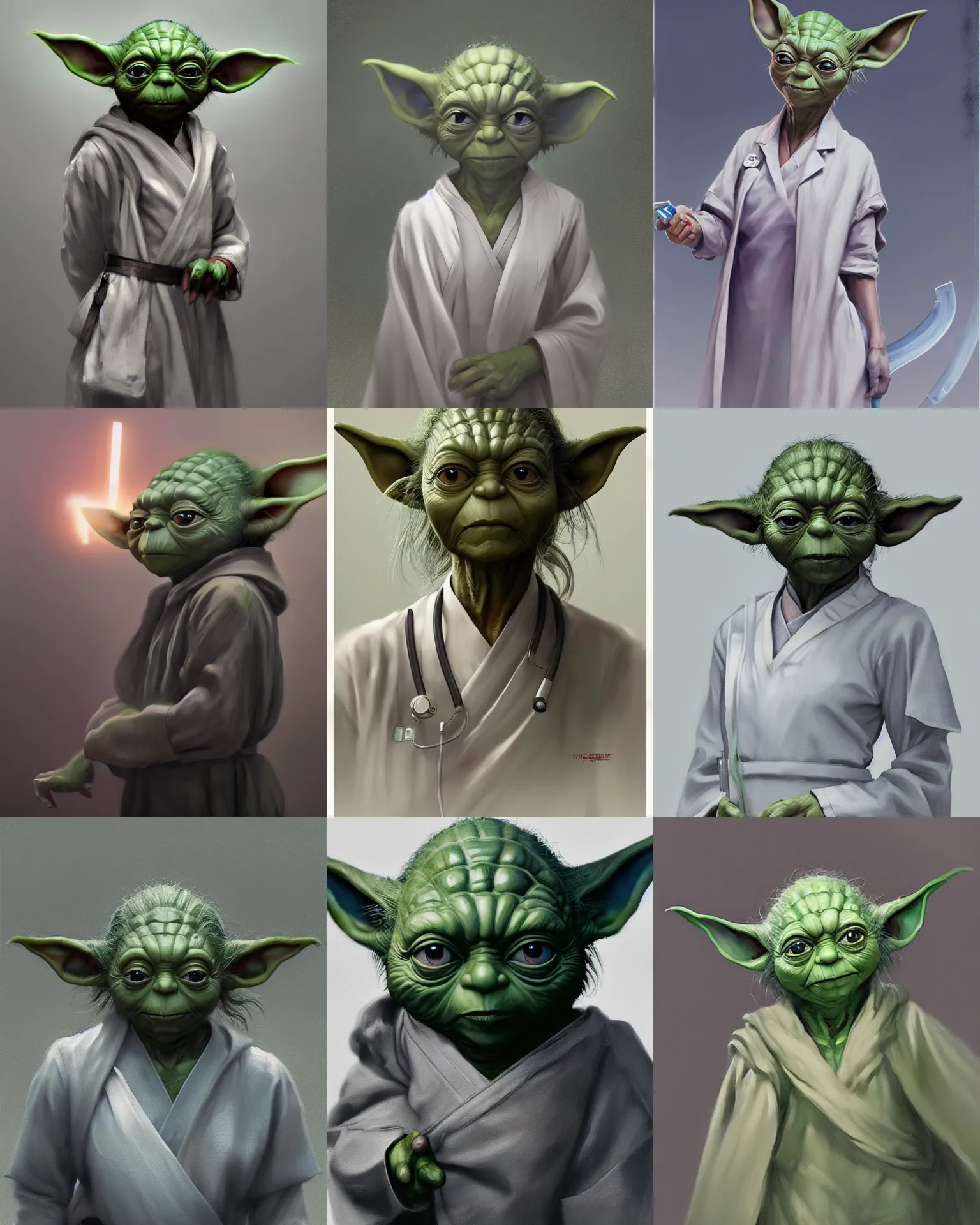 Prompt: hyper realistic painting of yoda in a nurse uniform, hyper detailed, anime, by greg rutkowski, trending on artstation