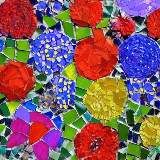 Prompt: mosaic of beautiful art, colorful flowers