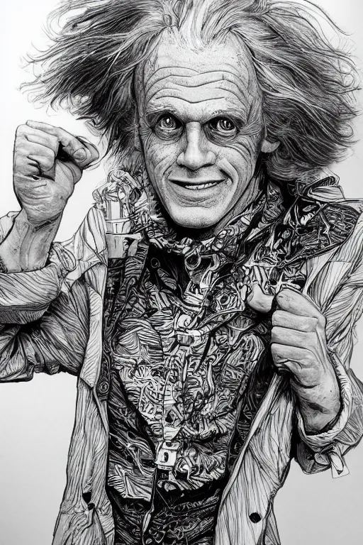 Prompt: doc emmett brown looks at his delorean, pen and ink, intricate line drawings, art by krenzcushart, by yoshitaka amano, kentaro miura, artgerm, wlop,