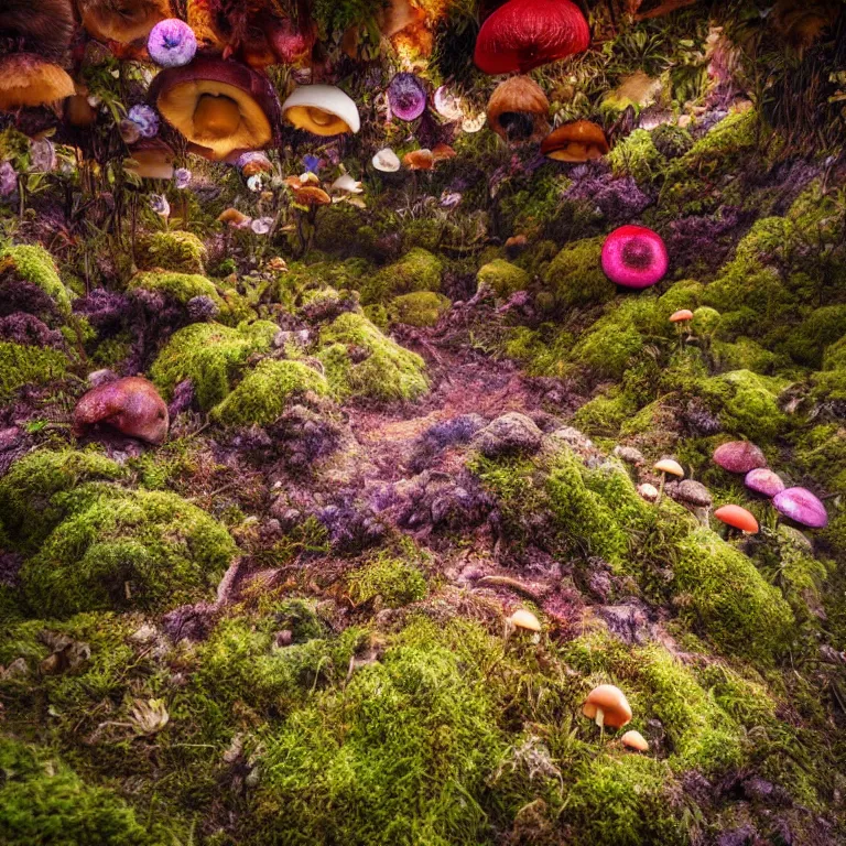 Image similar to a planet of various fungus, mushrooms, flowers and plants, inside the picture is infinity, Atmospheric, artistic photography, conceptual, long exposure outside the city, volumetric light