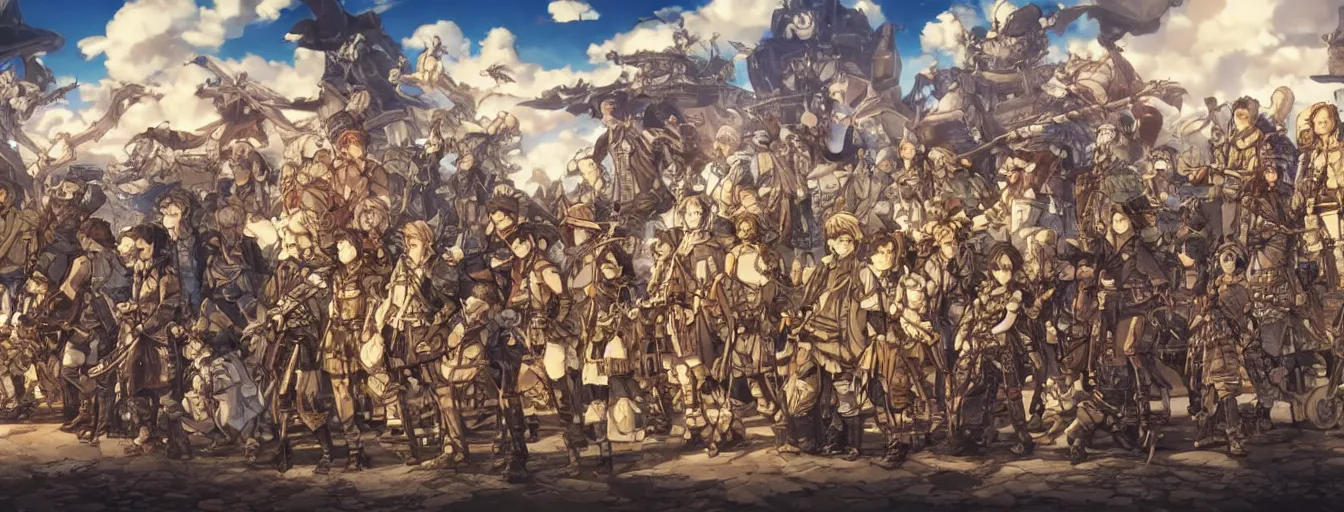 Prompt: a line - up of fallen comrades under a vast and open sky. hyperrealistic anime background illustration by kim jung gi, colorful, extremely detailed intricate linework, smooth, super sharp focus, bright colors, high contrast, matte, octopath traveler, unreal engine 5 highly rendered, global illumination, radiant light