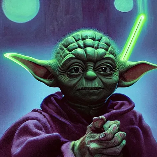 Prompt: yoda is angry and turning to the dark side, overwhelming energy, detailed background by m. w. kaluta + bruce pennington, dark side, neon color, volumetric lighting, colorful vapor, deep dark color, floating molecules, digital painting, oil painting, artwork by ralph mcquarrie + cory loftis + andreas rocha + paul lehr + ian mcque + eddie mendoza