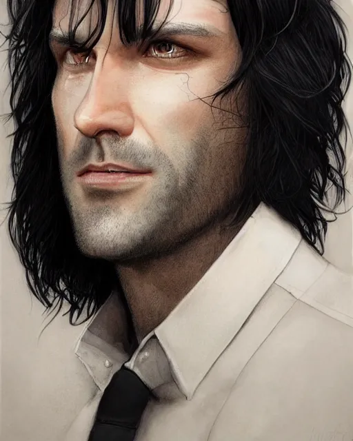 Prompt: portrait of tall, 3 3 - year - old handsome man with long dirty black hair, and grey eyes, wearing black clothes, no beard, hyper realistic face, aristocratic appearance, beautiful eyes, character art, art by mark brooks, hyperdetailed, cryengine, trending on artstation, digital art