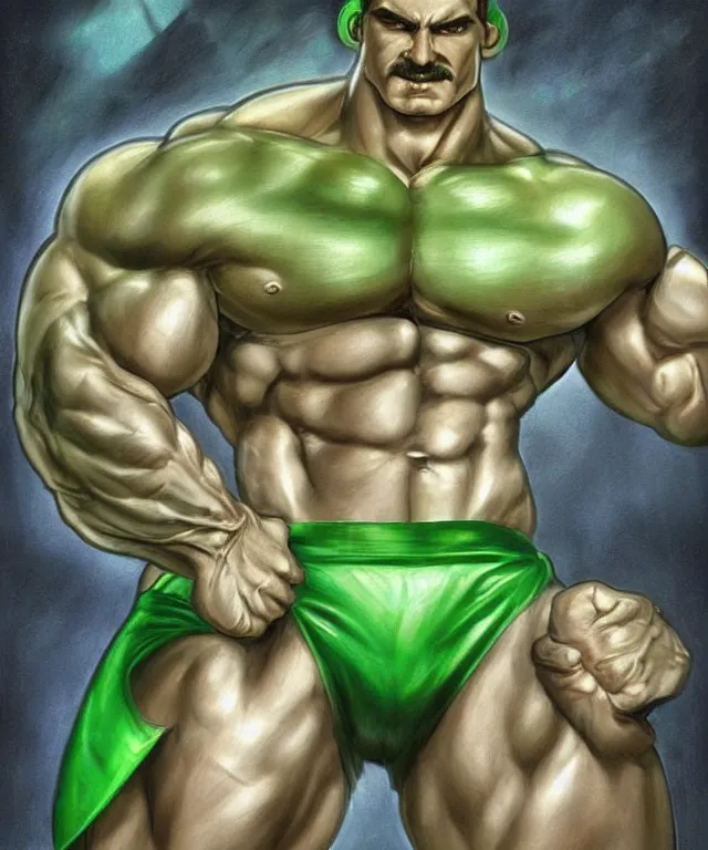 muscular luigi wearing a green jumpsuit pumping iron | Stable