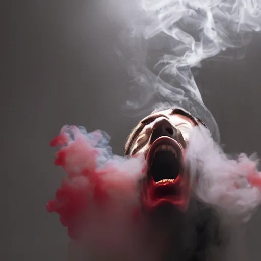 Prompt: dracula exhaling a huge smoke cloud of blood, award winning conceptual photography