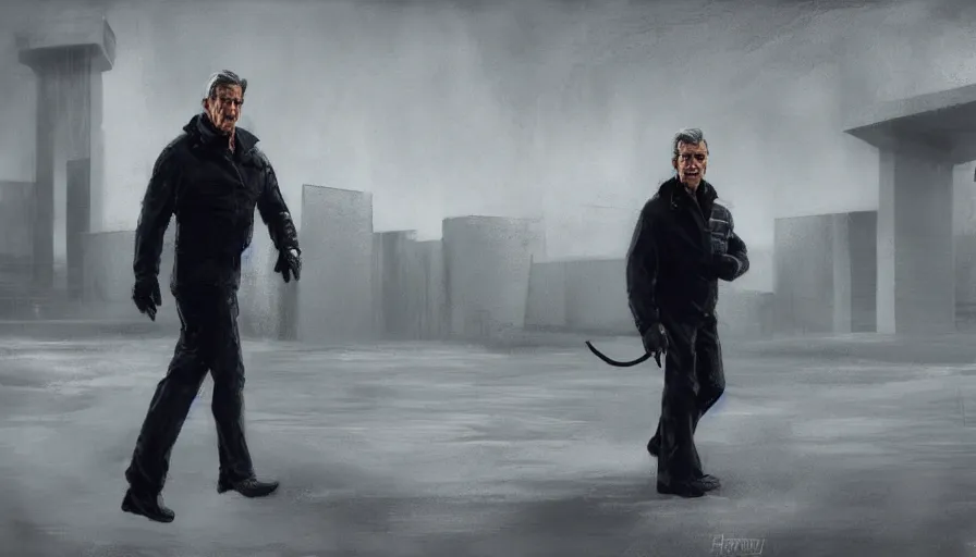 Image similar to concept art in the style of jon mccoy of the next james bond film featuring an older pierce brosnan, who is in tactical winter gear walking towards a brutalist structure in the distance, highly detailed, 8 k