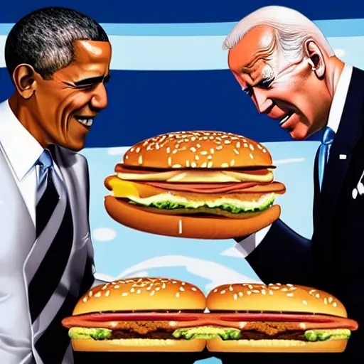 Prompt: joe biden and barack obama as siamese twin looking at kim jong un eating mcdonalds hamburgers in a cafe