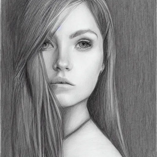 Image similar to pencil sketch, portrait, beautiful, thin face, long wavy hair