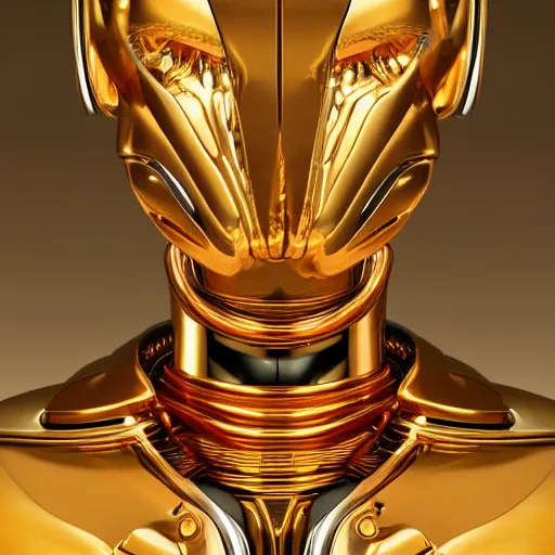 Image similar to Tall gold robotic alien creature portrait, dramatic lighting, very detailed, electrical details, high details, 4k, 8k, trending on artstation, by Hajime Sorayama and Paolo Eleuteri Serpieri