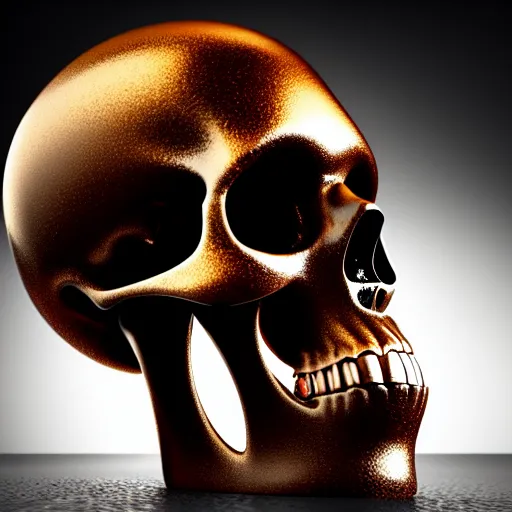 Image similar to chrome skull with molten chocolate being poured over it, hyperrealistic, beautiful reflections, extreme detail, photo, cinema 4 d, octane, artstation, cgsociety,