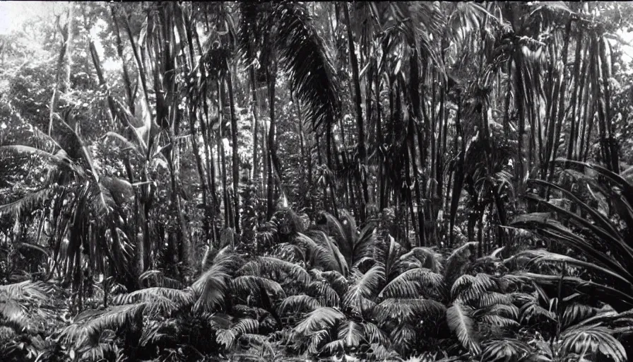 Image similar to lost film footage of a sacred object in the middle of the tropical jungle / film still / cinematic / enhanced / 1 9 2 0 s / black and white / grain