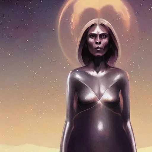 Image similar to pleiadian woman with big eyes and long silver hair wearing a dark body suit and holding a plasma gun standing in barren fields, art by greg rutkowski