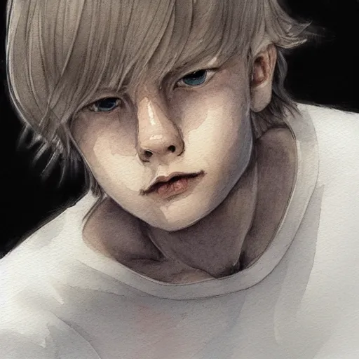 Prompt: white shoulder-length haired boy, watercolor, grey eyes, portrait, artstation, highly detailed, by Ross tram