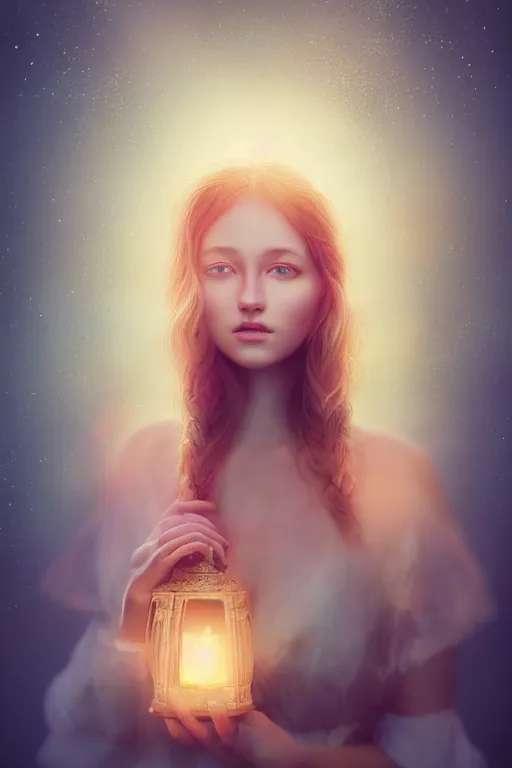 Prompt: dreamy portrait of a gorgeous girl holding a lantern, glowy bioluminescent butterflies on top, highly realistic smooth porcelain skin, pastel cloud in the head, intricate details, saturated matte colors, eye - candy, gorgeous, impressionism, artstation, volumetric lighting, studio lighting