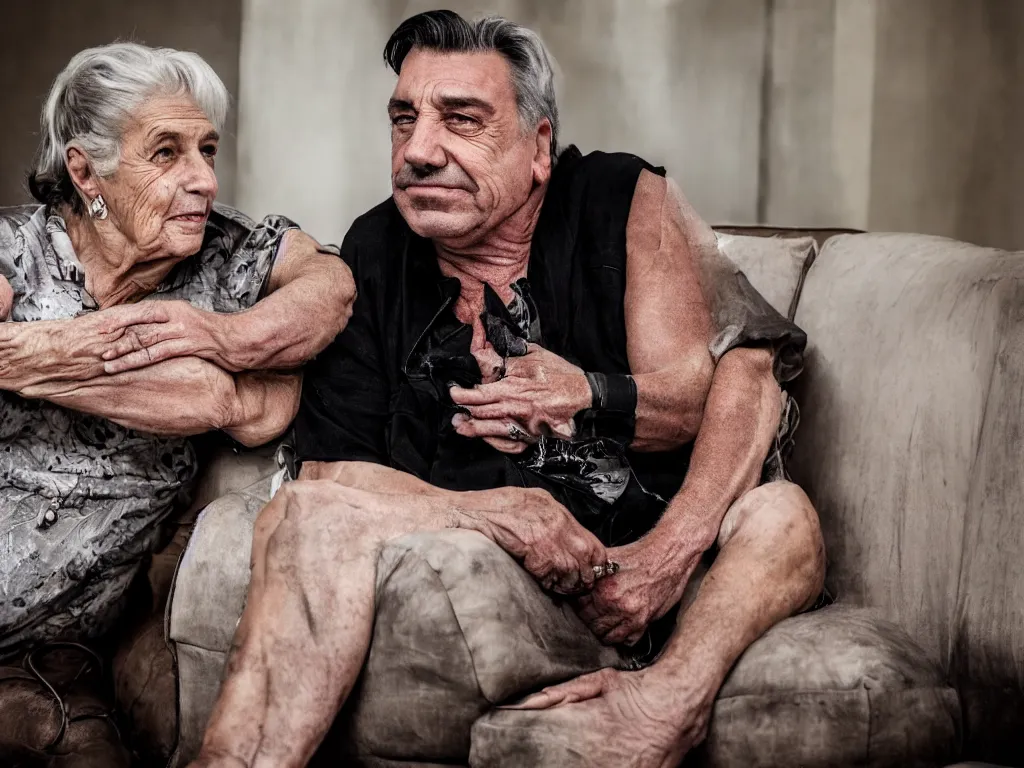 Image similar to close - up photo of a till lindemann sits on the couch with grandmother by steve mccurry, natural lighting, wide lens, 4 k